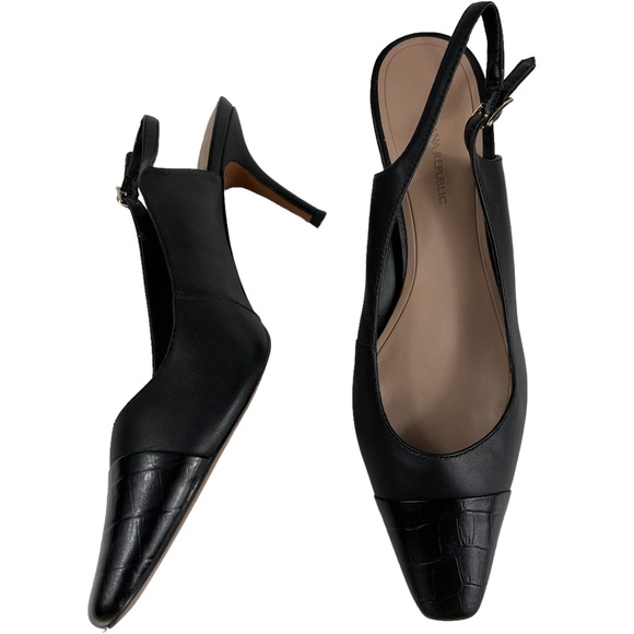 Banana Republic Slingback Black Soft Leather Strap 2.75” Heels Textured Size 9.5 - Picture 2 of 16
